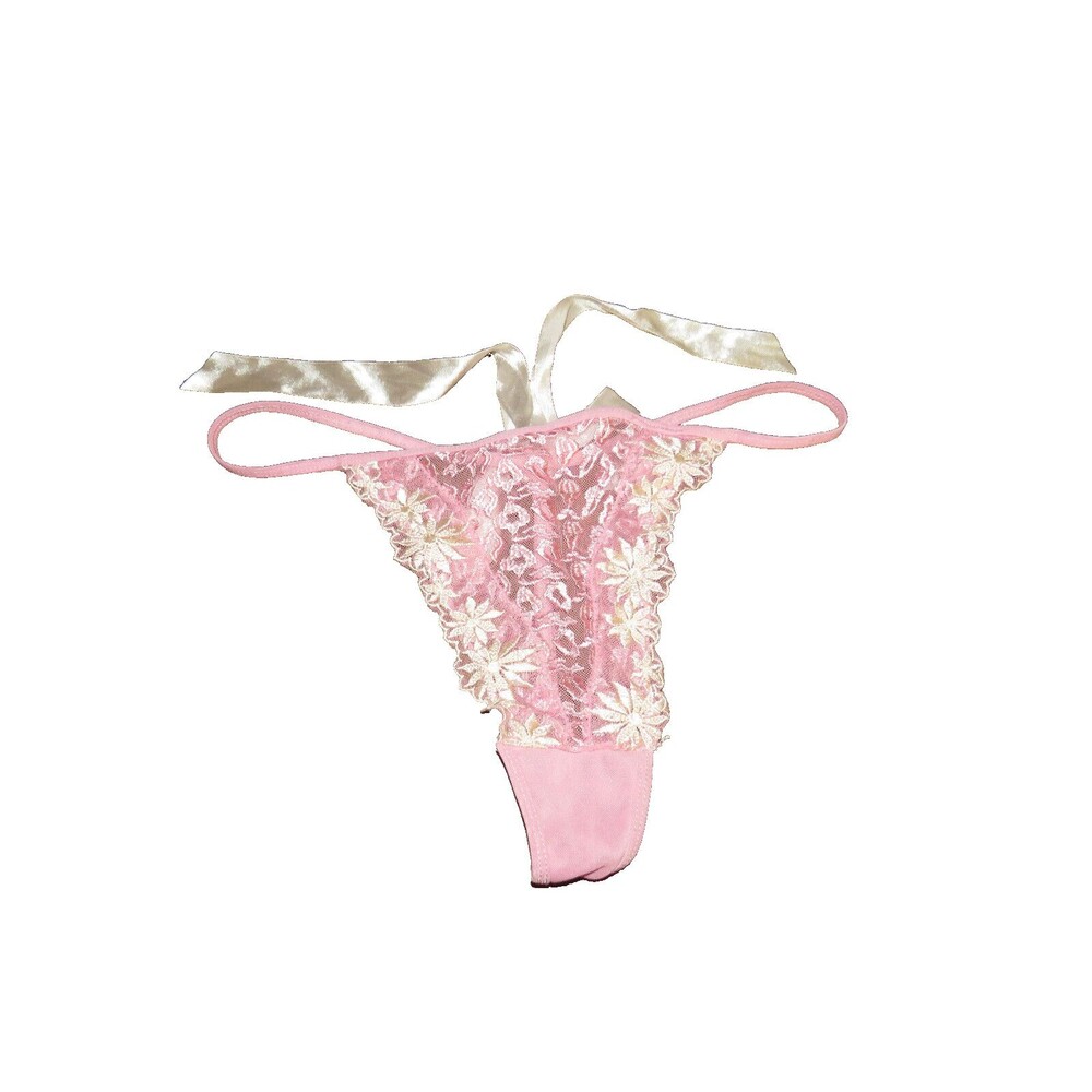 Vintage Glamour Pink Mesh Embroidered Thong Panties Satin Back Bow Size XL - Picture 4 of 14